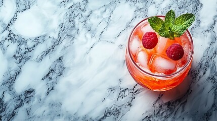Poster - Raspberry cocktail fizz lemonade ice tea with fresh mint on marble background Close up Copy space : Generative AI