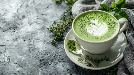 Poster - Matcha green tea latte in a cup Grey stone background Close up Top view : Generative AI