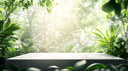 Wall Mural - 2408 71.A smooth concrete podium set in the midst of a tropical jungle, surrounded by blurred green leaves and plants. The surface is simple yet elegant, creating a perfect platform for product