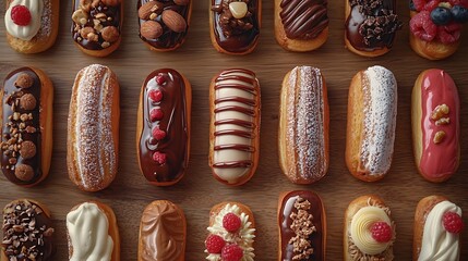 Poster - Assortment of eclairs traditional french dessert Copy space Top view : Generative AI