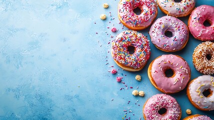 Poster - Assortment of donuts on blue background Copy space Top view : Generative AI
