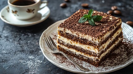 Poster - Traditional Hungarian Esterhazy cake torte with cup of coffee Grey background Copy space Top view : Generative AI