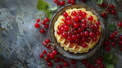 Poster - Belgian waffles with fresh red currant berries Grey background Top view : Generative AI