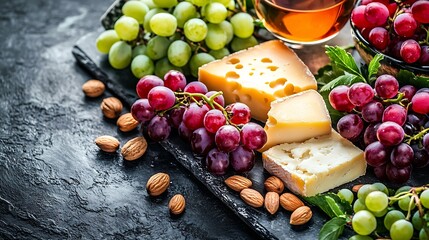 Poster - Assortment of cheese with red wine honey nuts grape on a modern cutting board slate background : Generative AI