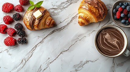 Poster - Croissant with fresh berries chocolate spread and butter with cup of coffee on a marble texture background Top view : Generative AI