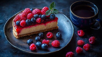 Poster - Cheesecake dessert with fresh berries and cup of coffee Dark background Close up : Generative AI