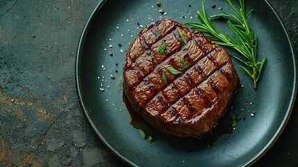Poster - Beef steak meat medium rare on grey plate Dark background Close up Top view : Generative AI