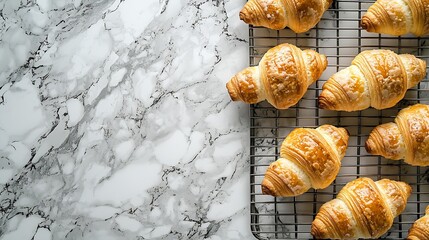 Poster - Croissants on cooling rack Traditional French food Marble background Copy space Top view : Generative AI