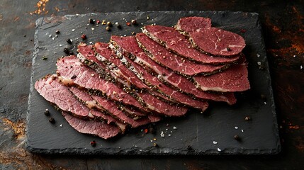 Poster - Roasted beef pastrami on slate cutting board Top view Copy space : Generative AI