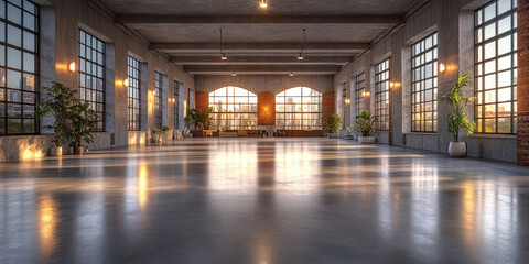 A modern, empty office space with open-plan design, polished concrete floors, and large windows, creating a sleek industrial atmosphere.