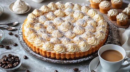 Poster - Traditional Hungarian Esterhazy cake torte with cup of coffee Grey background Copy space Top view : Generative AI