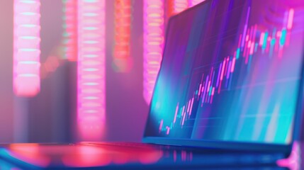 Poster - Laptop with Stock Market Data Displayed on Screen in Neon Pink and Blue Lights