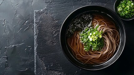 Poster - Soba noodles on a black bowl Japanese food Slate background Top view : Generative AI
