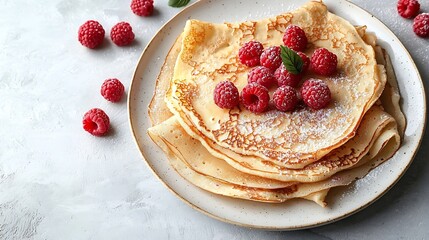 Poster - Thin crepes with raspberry in white plate Marble background Top view : Generative AI