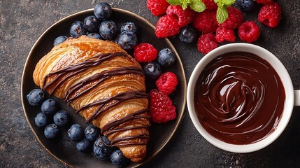 Poster - Croissant with fresh berries chocolate spread and butter with cup of coffee on a marble background Top view : Generative AI