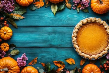 Festive Fall Centerpiece on Blue Wooden Table with Pumpkins, Flowers, and Pie - High Quality Wide-Angle Stock Photo