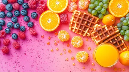 Poster - Assortment of rainbow waffles with orange juice Outdoor background Copy space : Generative AI