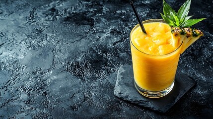Poster - Pineapple with tropical fruit juice smoothie on dark stone background Close up : Generative AI