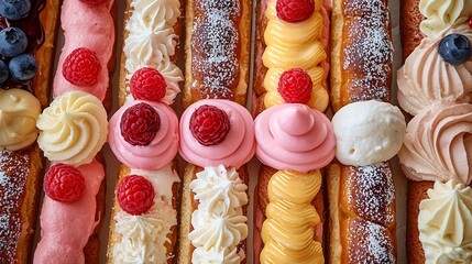 Poster - Assortment of eclairs traditional french dessert Copy space Top view : Generative AI