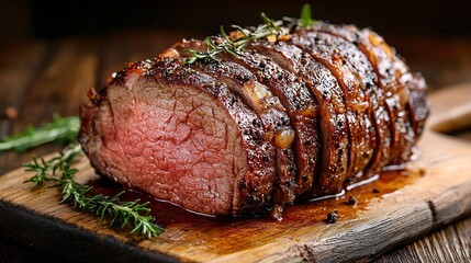 Poster - Roast beef on cutting board Wooden background Copy space : Generative AI
