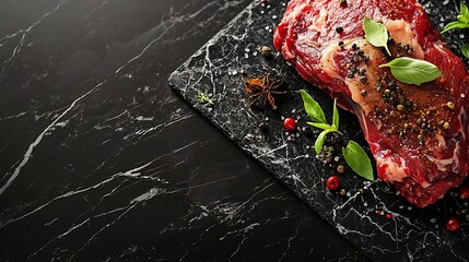 Aufkleber - Raw lamb leg with spices and herbs on marble cutting board Dark background Copy space Top view : Generative AI