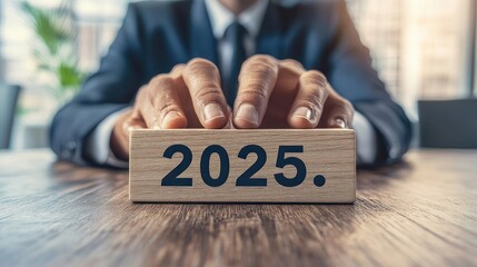 Businessman's hands on a wooden block with the number 2025.