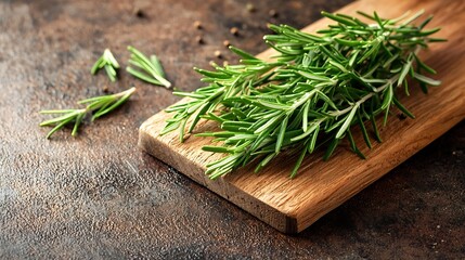 Poster - Fresh rosemary sprigs on wooden cutting board White background Copy space : Generative AI