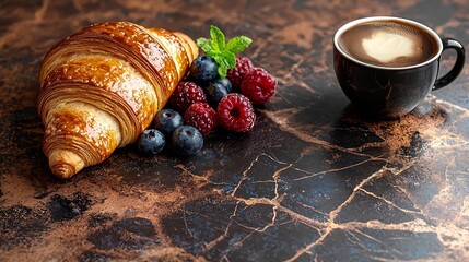 Poster - Croissant with fresh berries chocolate spread and butter with cup of coffee on a marble texture background : Generative AI