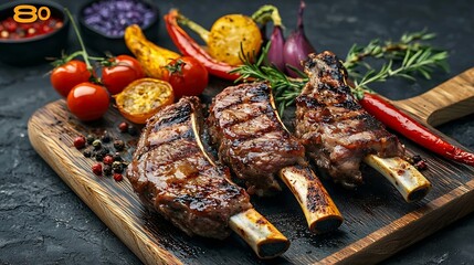 Poster - Lamb ribs grilled on cutting board with roasted vegetables : Generative AI