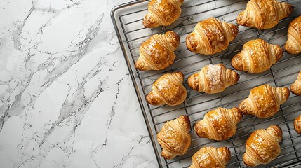 Poster - Croissants on cooling rack Traditional French food Marble background Close up Top view : Generative AI
