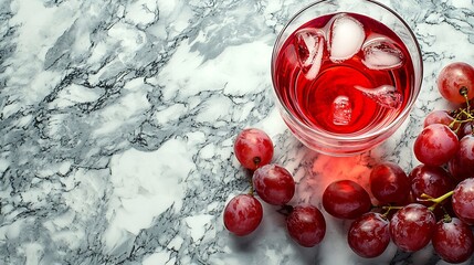 Poster - Red wine in glass with fresh grape on marble table background Top view : Generative AI