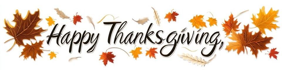 Happy Thanksgiving in Cursive with Autumn Leaves on White Background - Vector Illustration with Flat Design and Warm Colors