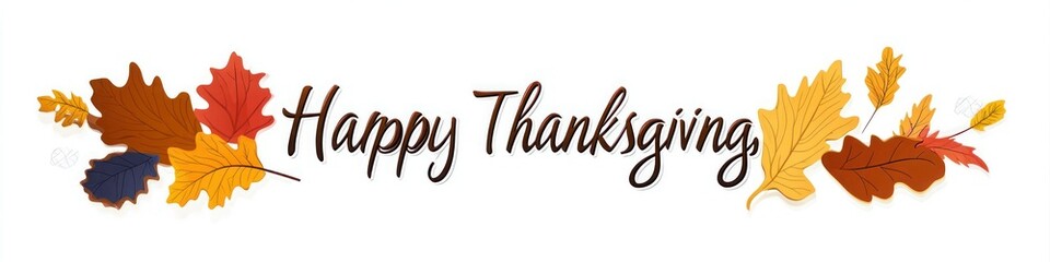 Happy Thanksgiving in Cursive with Autumn Leaves on White Background - Vector Illustration with Flat Design and Warm Colors