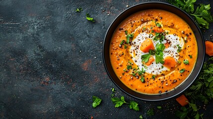Poster - Pumpkin and carrot soup with cream in black bowl Dark background Close up Top view : Generative AI