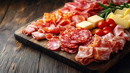Aufkleber - Cheese and meat appetizers on cutting board on wooden background Top view : Generative AI
