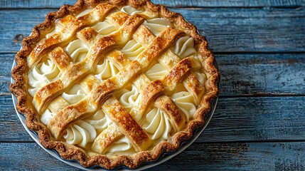 Poster - Apple pie with cream on a blue wooden background Top view Copy space : Generative AI