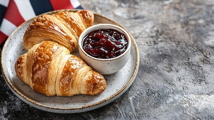 Poster - Croissant with coffee jam butter and French flag Continental breakfast concept Copy space Top view : Generative AI