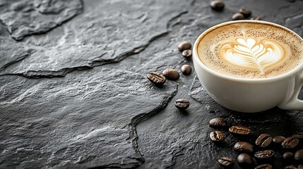 Poster - Cup of coffee on black slate background Close up : Generative AI