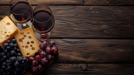 Poster - Assortment of cheese grapes with red wine in glasses Wooden background Top view : Generative AI