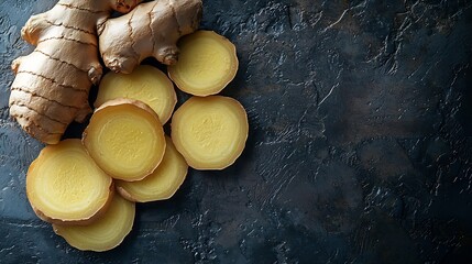 Poster - Fresh ginger root with slices Dark background Copy space Top view : Generative AI