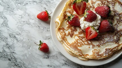 Poster - Crepes thin pancakes with cream cheese ricotta and fresh strawberries Marble background Top view Copy space : Generative AI