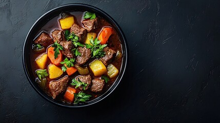 Poster - Beef meat and vegetables stew in black bowl Dark background Copy space Top view : Generative AI
