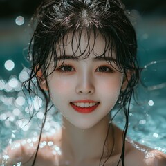 A cheerful yearold girl enjoys a sunny day at the pool, showcasing her idollike beauty and radiant smile in swimwear.