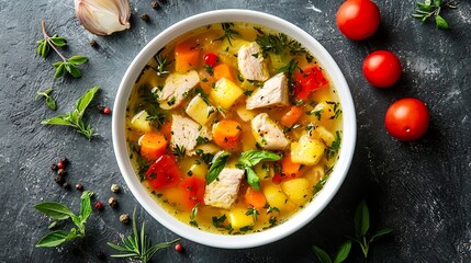 Poster - Chicken soup with vegetables in white bowl Grey stone background Top view : Generative AI