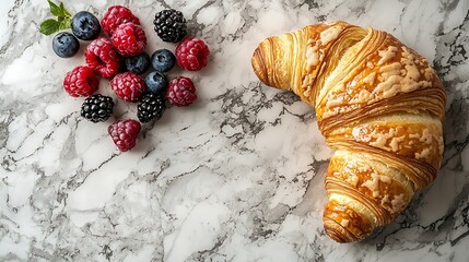 Poster - Croissant with fresh berries and butter on a marble texture background Top view : Generative AI