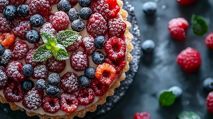 Poster - Cheesecake dessert with fresh berries Gray background Close up Top view : Generative AI