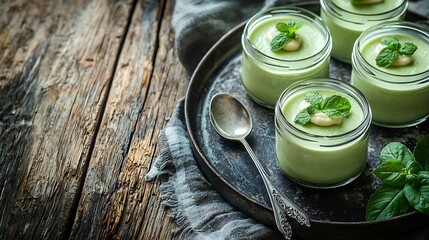 Aufkleber - Green tea matcha yogurt dessert mousse in glass jars on a vintage metal tray on a wooden background : Generative AI