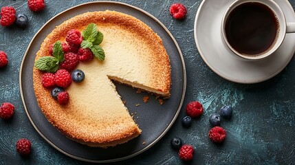 Poster - Cheesecake dessert with fresh berries and cup of coffee Gray background Close up Top view : Generative AI