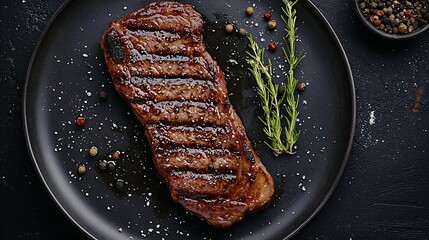 Poster - Beef steak meat medium rare on grey plate Dark background Close up Top view : Generative AI