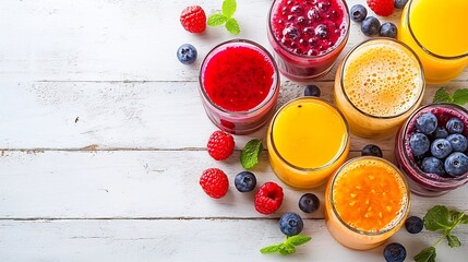 Poster - Smoothies juices beverages drinks variety with fresh fruits and berries on a white wooden background : Generative AI